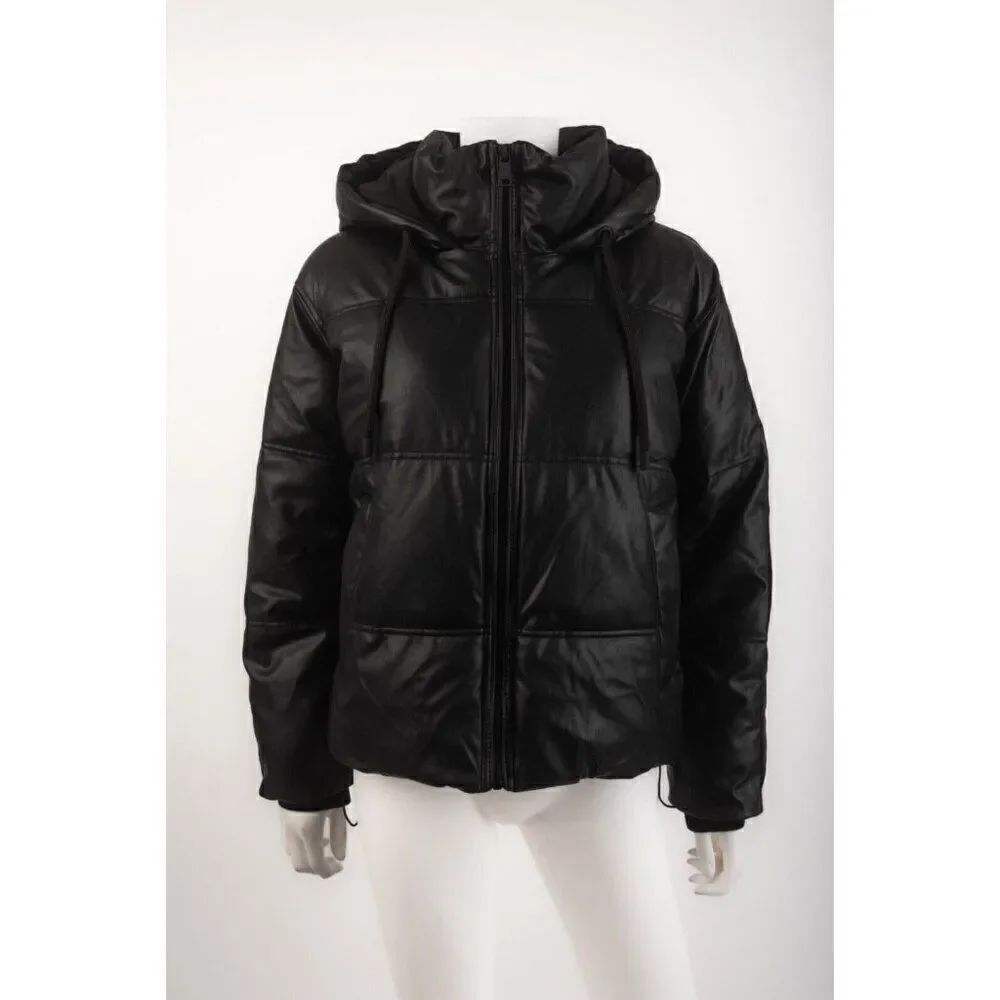 Zara Womens Black Faux Leather Hooded Puffer Jacket Coat XS 3046/225 NWD